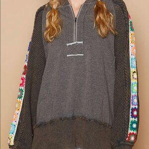 POL Half Zip Grey Hoodie with Multicolor Crochet Sleeves, Size Small